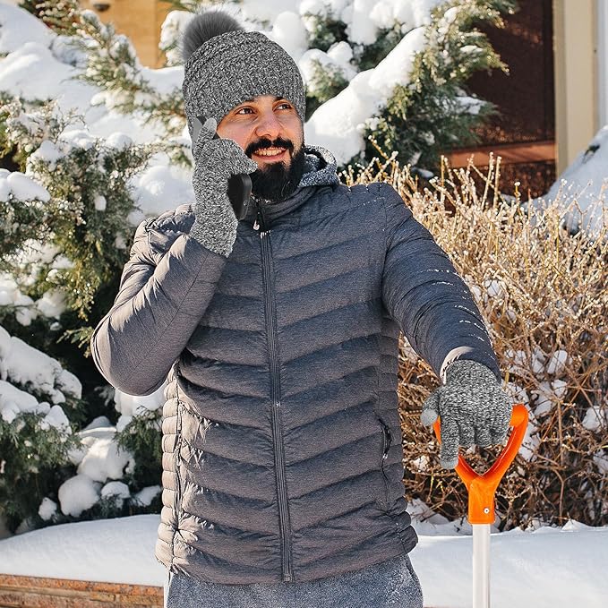 Aneco Womens Winter Warm Sets Knitted Fur Pompoms Beanie Hat Circle Loop Scarf Touch Screen Gloves Winter Favor Accessories