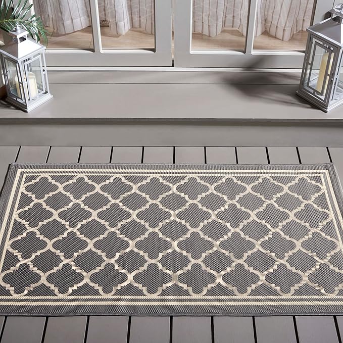 SAFAVIEH Washable Rug Outdoor Courtyard Collection - 2'7" x 5', Anthracite & Beige, Non-Shedding & Easy Cleaning, Ideal for Patio, Backyard, Mudroom (CY6918-246)