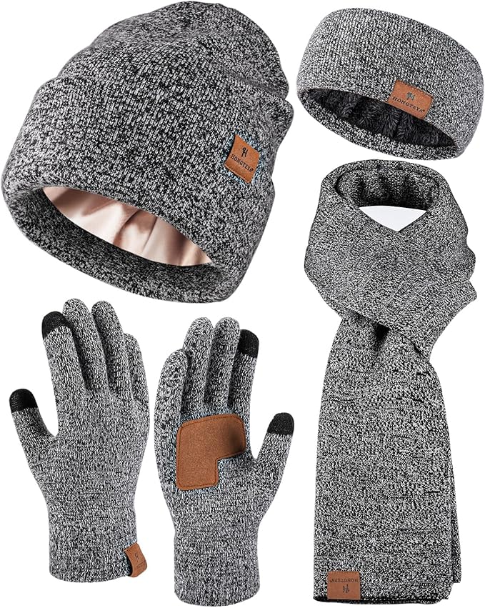 Womens Winter Warm Beanie Hats Gloves Scarf Headband Set Fleece Lined Ear Warmer Knit Scarf Touchscreen Gloves Winter Gifts