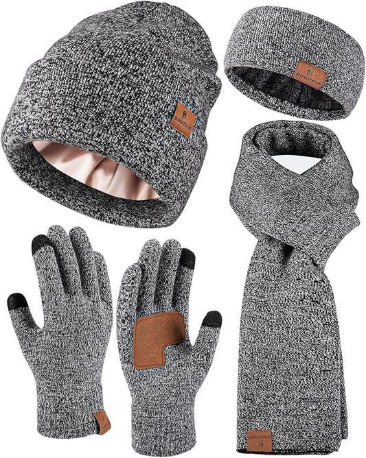 Womens Winter Warm Beanie Hats Gloves Scarf Headband Set Fleece Lined Ear Warmer Knit Scarf Touchscreen Gloves Winter Gifts