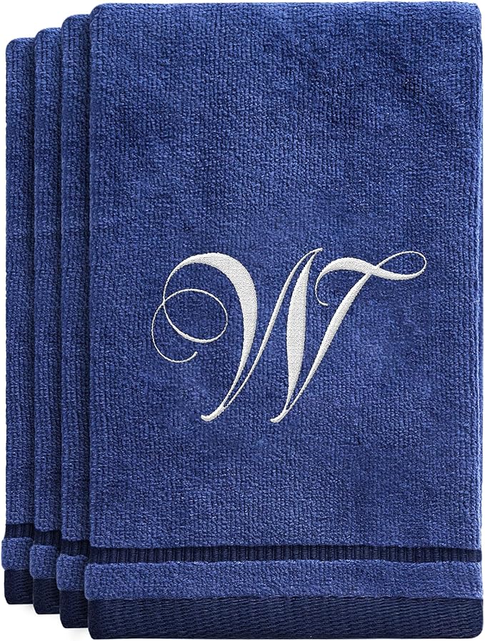 Creative Scents Navy Blue Monogrammed Towels with Initials - 4 Pack Super Absorbent Bathroom Fingertip Cotton Towel with Soft Velour Finish - Personalized Gifts for Freinds & Family 11"x18" Initial W