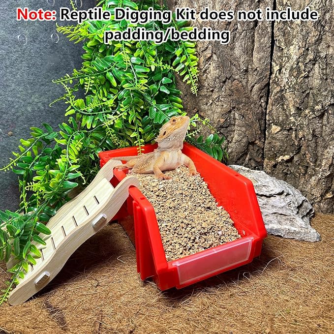 Reptile Digging Box Plastic Leopard Gecko Burrowing Habitat Hide Box with Wooden Ladder Compatible with Terrariums Tailored for Juvenile Bearded Dragons and Snake in Compact Setups (Red)