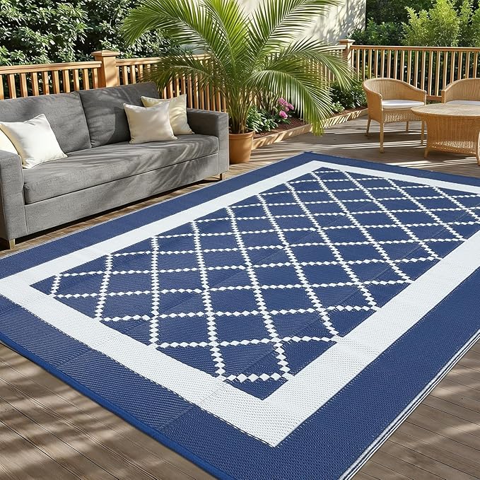Outdoor Rug for Patio 9x12 Waterproof Camping Mat Reversible Plastic Straw Floor Carpet Modern Diamond Indoor Outdoor Large Area Rug for RV Deck Balcony Backyard Blue/White