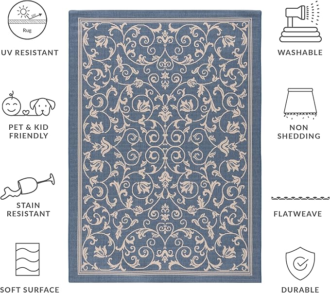 SAFAVIEH Washable Rug Outdoor Courtyard Collection - 5'3" x 7'7", Blue & Natural, Non-Shedding & Easy Cleaning, Ideal for Patio, Backyard, Mudroom (CY2098-3103)