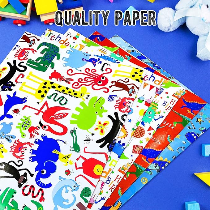Kids Birthday Wrapping Paper for Boys & Girls - Dinosaur Animal Gift Wrap (6 Sheets 28"Lx20"W per Sheet)