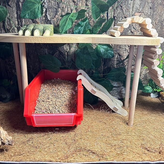 Reptile Digging Box Plastic Leopard Gecko Burrowing Habitat Hide Box with Wooden Ladder Compatible with Terrariums Tailored for Juvenile Bearded Dragons and Snake in Compact Setups (Red)