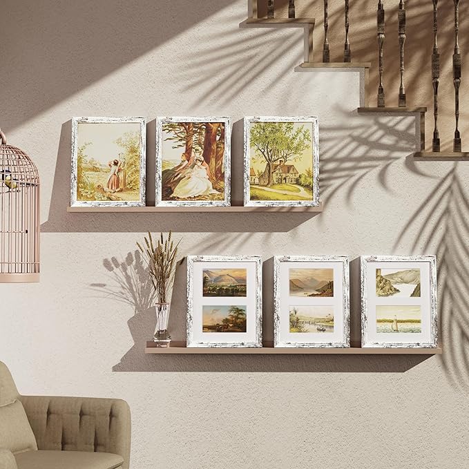 Vittanly 8x10 Collage Picture Frame, Displays 2Pcs 4x6 Pictures with Mat or 1Pcs 8x10 without Mat, Photo Frame for Wall Mounting or Table Top with Stand, Distressed White, 1 Pack
