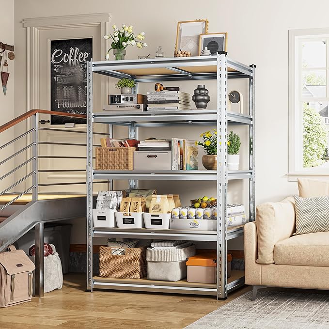 REIBII Garage Shelving, 5 Tier Storage Shelves Load 2400LBS, Adjustable Garage Shelving Heavy Duty, Metal Shelving Unit with Waterproof Columns, 35.5" W x 11.9" D x 72" H, Galvanized, 3 Pack
