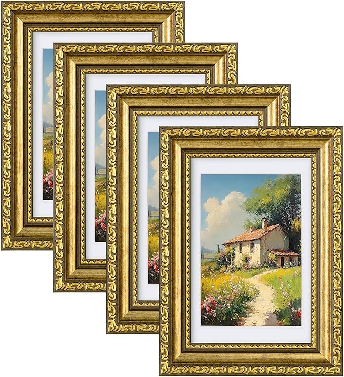 eletecpro 4x6 Picture Frames Set of 4, Vintage Gold Photo Frames with Glass, Displays 3.5x5 Photo with Mat or 4x6 without Mat for Tabletop or Wall Decor, Gold