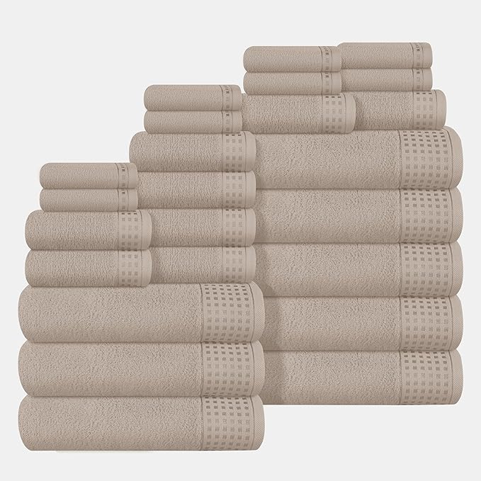 GLAMBURG Towels for Bathroom, 100% Cotton Towel Set, Contains 8 Soft Bath Towel, 8 Hand Towels, 8 Wash Cloths - Compact Absorbent Lightweight & Quickdry - 24 Piece Bathroom Towel Set - Tan