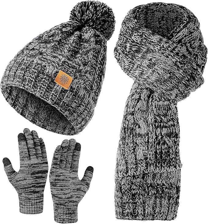 Tavaleu Womens Winter Beanie Hat Scarf Gloves Set, Pom Pom Beanie Warm Knit Scarf Touchscreen Gloves for Cold Weather