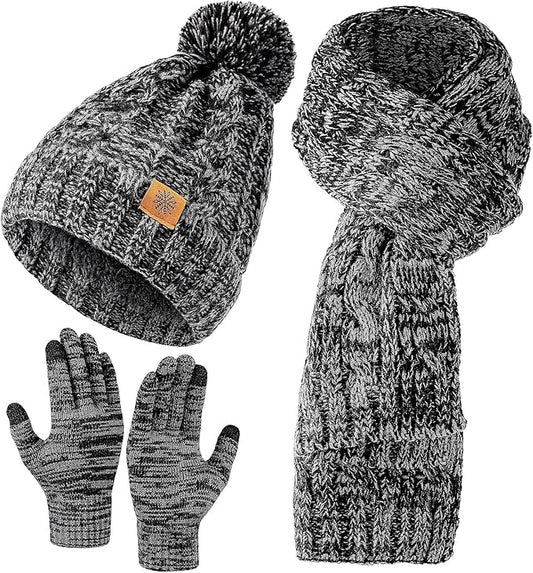 Tavaleu Womens Winter Beanie Hat Scarf Gloves Set, Pom Pom Beanie Warm Knit Scarf Touchscreen Gloves for Cold Weather