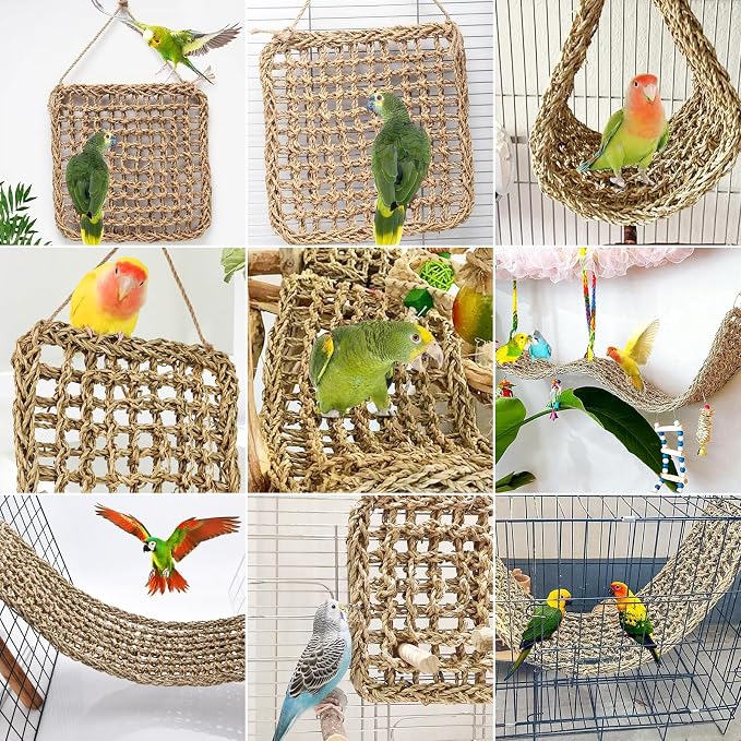 2 Pack Natural Sea Grass Parrot Mat, Bird Hammock Woven Climbing Net | DIY Bird Foraging Wall Hanging Play Pad, Bird Cage Accessories for Lovebirds, Cockatoos, Budgies, Conures & Pigeons