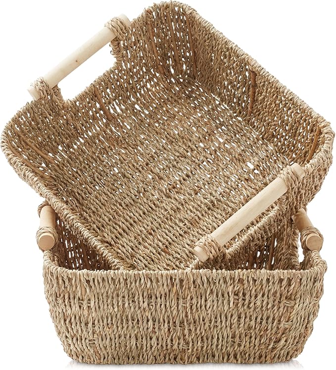 Casafield Set of 2 Seagrass Oval Storage Baskets with Wooden Handles - Small, Woven Bin Organizers
