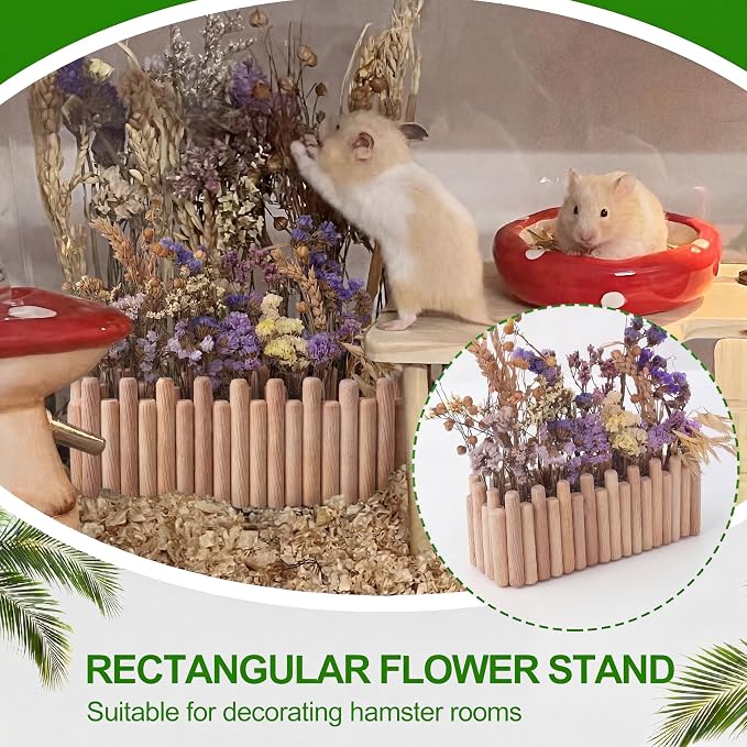 Hamster Cage Sprays Flower Foraging Holder - Natural Wood Feeding Stand, Small Pet Habitat Accessories for Hamsters Mouse Guinea Pig Dwarf Gerbils Syrian Mice (Plain - Rectangle)