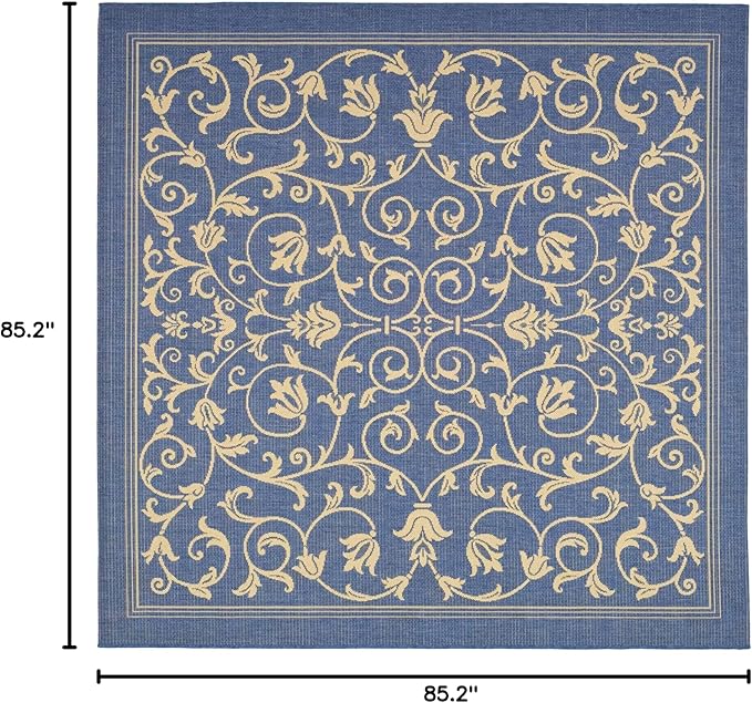 SAFAVIEH Washable Rug Outdoor Courtyard Collection - 7'10" Square, Blue & Natural, Non-Shedding & Easy Cleaning, Ideal for Patio, Backyard, Mudroom (CY2098-3103)