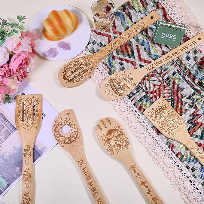 GLOBLELAND 6Pcs Mushroom Bamboo Cooking Utensils Wooden Engraved Cooking Spoons Set Carving Kitchen Bamboo Spatula Set for Women and Men Wood Cooking Spoon for Kitchen House Warming Gift