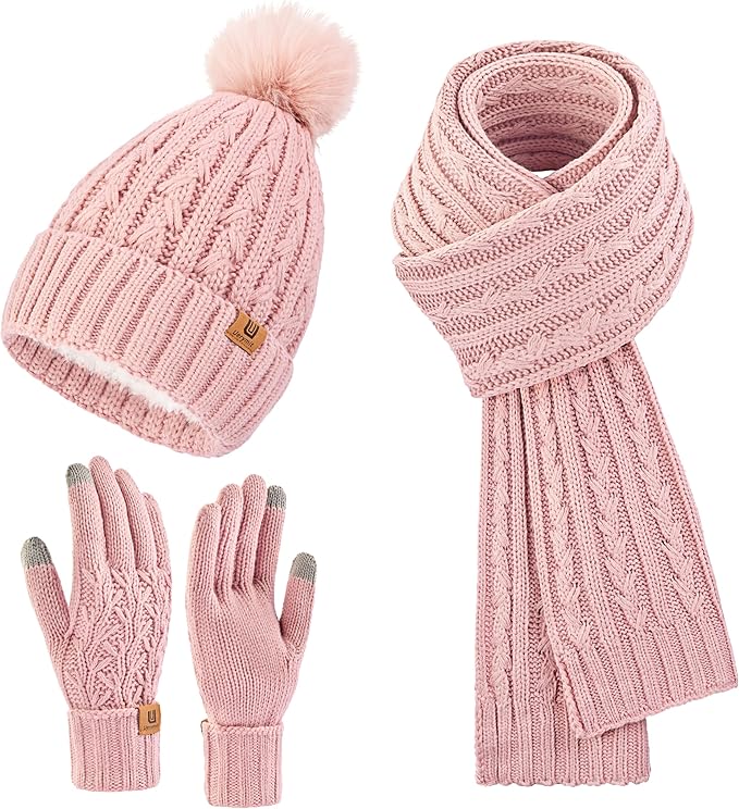 Uerymit Womens Winter Warm Beanie Hat Long Scarf Touchscreen Gloves Set with Fleece Lined Skull Pom Caps 3 in 1 Set for Gift