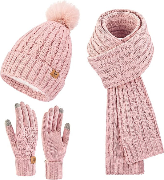 Uerymit Womens Winter Warm Beanie Hat Long Scarf Touchscreen Gloves Set with Fleece Lined Skull Pom Caps 3 in 1 Set for Gift