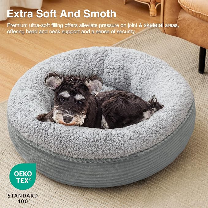 Love's cabin Round Donut Cat and Dog Cushion Bed, 24in Pet Bed for Small or Medium Dogs, Anti-Slip & Water-Resistant Bottom, Soft Durable Fabric Pet Beds, Washable Calming Cat Bed Pure Gray
