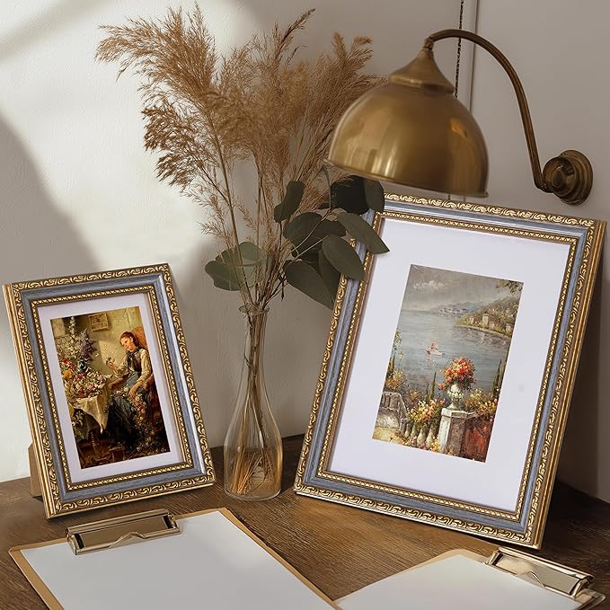 eletecpro 8x10 Picture Frames Set of 4, Vintage 8 x 10 Photo Frames with Glass, Display 5x7 Photo with Mat or 8x10 without Mat for Tabletop or Wall Decor, Blue Gold