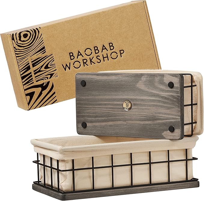 BAOBAB WORKSHOP Set of 2 Metal & Wooden Basket with Liners - Bathroom Basket Organizer & Kitchen Storage Decor - Farmhouse Toilet Paper Baskets for Back of Toilet Tank Tray Topper