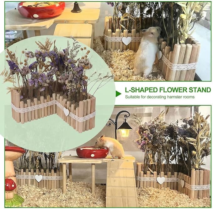 Hamster Cage Sprays Flower Foraging Holder - Natural Wood Feeding Stand, Small Pet Habitat Accessories for Hamsters Mouse Guinea Pig Dwarf Gerbils Syrian Mice (Plain - L Shape)
