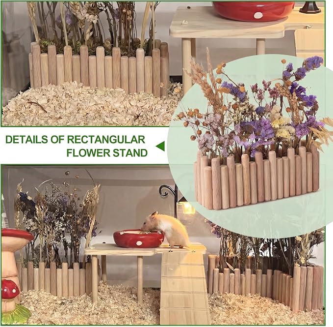 Hamster Cage Sprays Flower Foraging Holder - Natural Wood Feeding Stand, Small Pet Habitat Accessories for Hamsters Mouse Guinea Pig Dwarf Gerbils Syrian Mice (Plain - Rectangle)