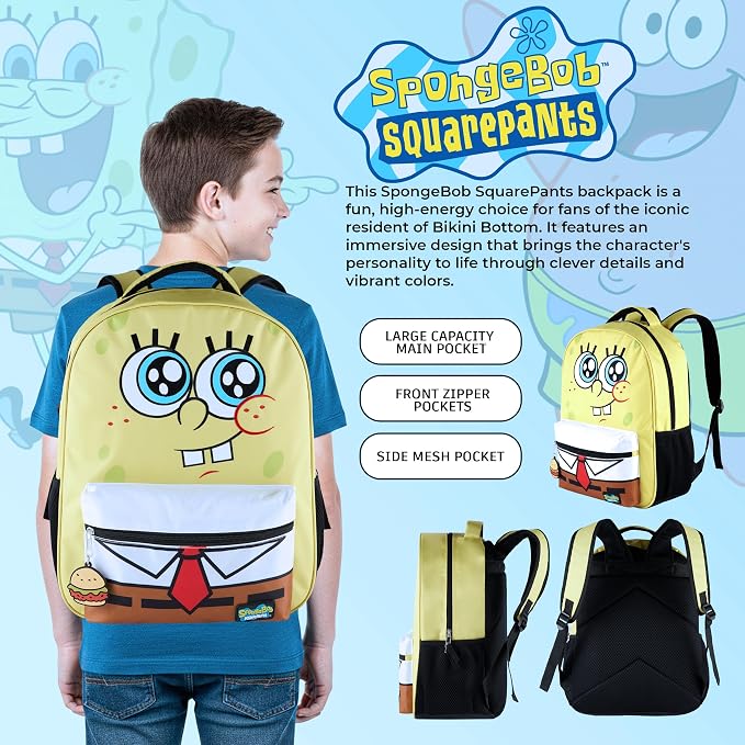 AI ACCESSORY INNOVATIONS SpongeBob Square Pants Backpack for Boys & Girls, 16” Big Face Nylon Twill Bookbag w/Molded Hamburger Patty Dangle, Yellow