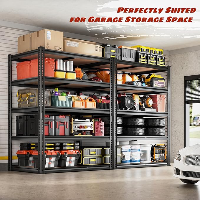 ROOMFAVE 2250LBS Storage Shelves Heavy Duty 5 Tier Garage Storage Shelving, Adjustable Metal Shelving Unit Utility Rack Shelf for Warehouse, Pantry, Closet, 72" H x 35.56" W x 16" D, Black.2PCS
