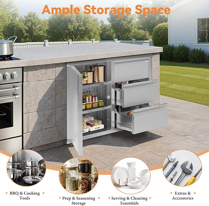 Jocisland Outdoor Kitchen Drawers 28" W×20" D×23" H Stainless Steel Drawers for Outdoor Kitchens, 3-Tier Cabinet & 3-Drawer Combo, Built-in BBQ Island Storage