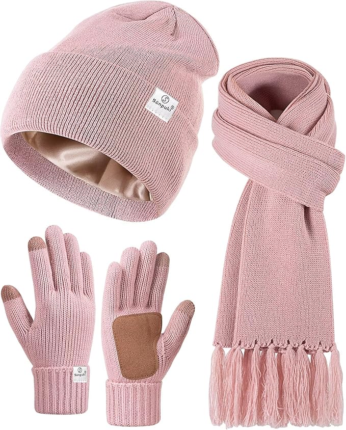 Womens Satin Lined Beanie Scarf Gloves Set, Silk Lined Winter Hats Knit Scarf Gloves, Gift Set Stocking Stuffers For Women