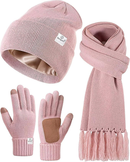 Womens Satin Lined Beanie Scarf Gloves Set, Silk Lined Winter Hats Knit Scarf Gloves, Gift Set Stocking Stuffers For Women