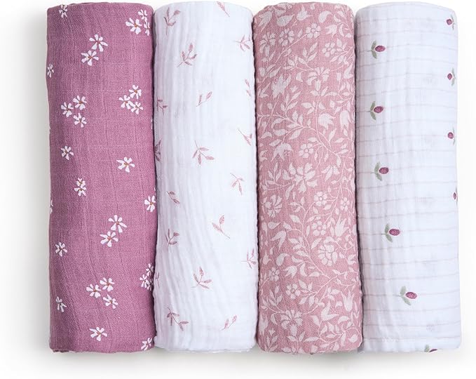 aden + anais 100% Organic Cotton Muslin Swaddle, Breathable Baby Blanket, Ideal for Boys, Girls, Newborns, Babies & Infants, Receiving Blanket, Lightweight Wrap, 4 Pack, Heritage Floral