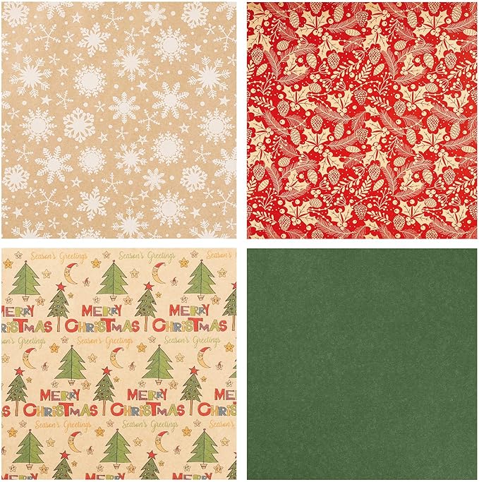 YANGTE Vintage Christmas Wrapping Paper Rolls, Brown Kraft Wrapping Paper Christmas Rolls with Red, Green and White Pattern, 4 Rolls Holiday Gift Wrapping Paper Rolls, 17in x 120in per Roll