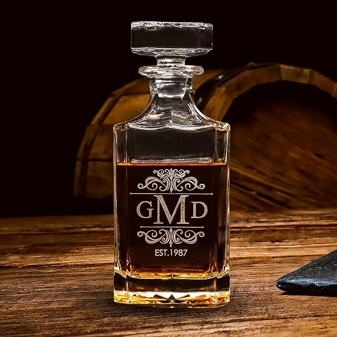 Gifts Inscribed Custom Whiskey Decanter Bottle (750 ml) - Personalized Glass Liquor Decanter Set - Customized Glassware - Engraved Whisky Glassware Gift for Wedding, Groomsman, Anniversary, Birthday