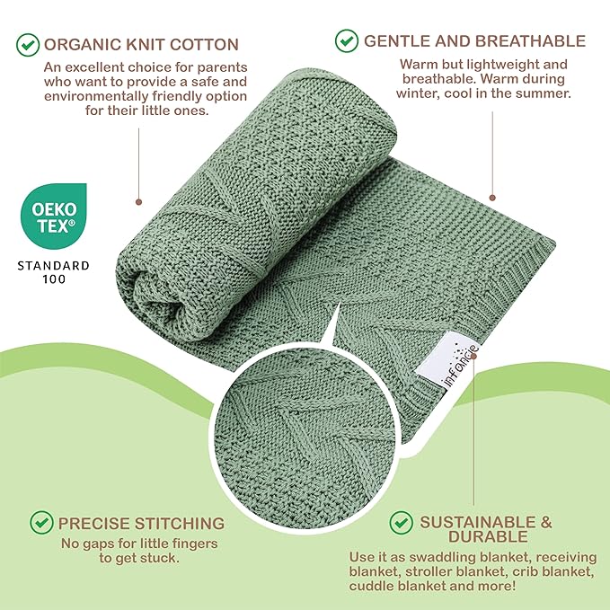 Organic Cotton Baby Blanket - 31.5 x 43.3 Inches, Soft Knitted Crib Blanket for Boys & Girls, Breathable Design (Green)