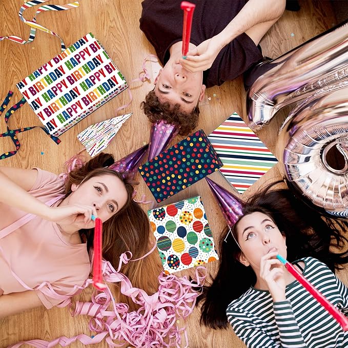 MotiGiftie Birthday Wrapping Paper for Boys Girls Women Men,12 Sheets Gift Wrapping Paper with “Happy Birthday” Polka Dots, Balloons, Colorful Stripes - Holiday Gift Wrap 20×28 Inch