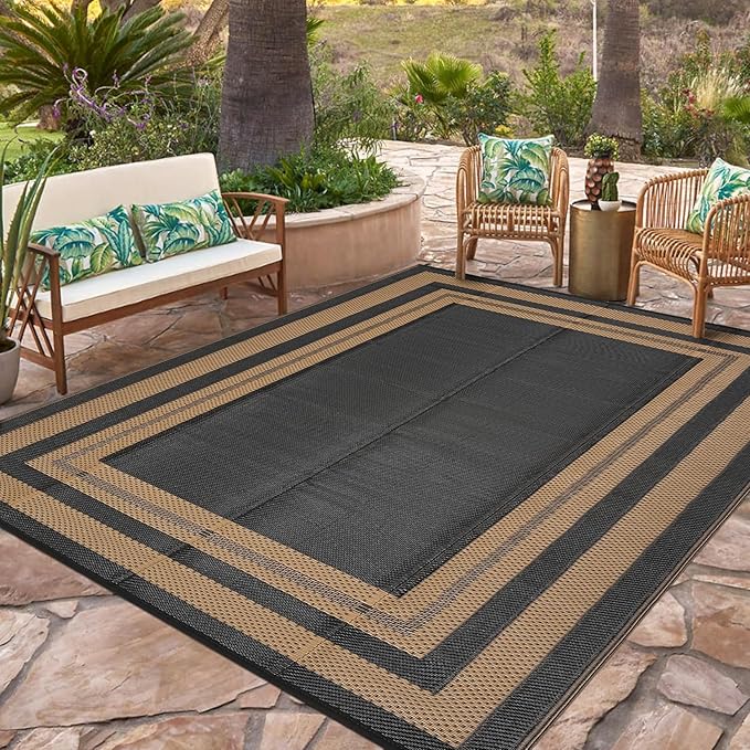 Outdoor Rug 8x10 Waterproof Patio Rugs Modern Border Reversible Mat for Front Door Rv Foldable Plastic Straw Carpet for Travel Trailers, Deck, Picnic, Camper, Balcony, Beach，Black/Brown
