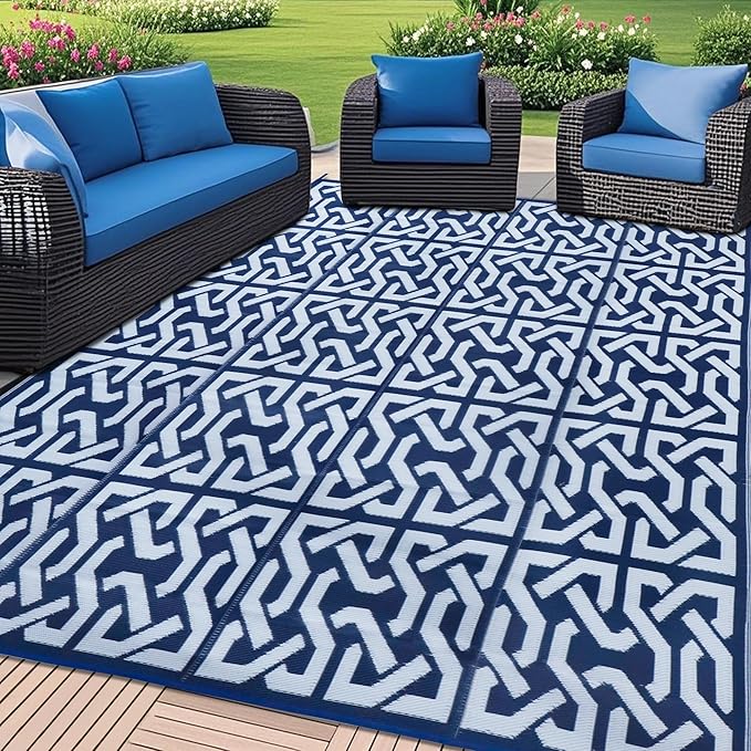 SAND MINE Reversible Mats, Plastic Straw Rug, Modern Area Rug, Large Floor Mat and Rug for Outdoors, RV, Patio, Backyard, Deck, Picnic, Trailer, Beach, Camping, Dark Blue & White, 9' x 12'