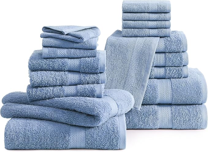 LANE LINEN Ring Spun Cotton Bath Towel Set, 18 PCs - 8 Washcloths, 6 Hand, 4 Luxury Bath Towels - Machine Washable & Sustainably Produced, Oeko-Tex Certified - Cerulean Blue