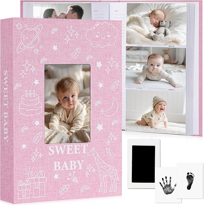 Baby Photo Album 4x6 300 Pockets with Memo Area & Hand and Footprint Kit, Linen Cover Slip-in Memory Book with Front Window, Acid-Free Keepsake for Newborn Boy Girl, First Year Moments