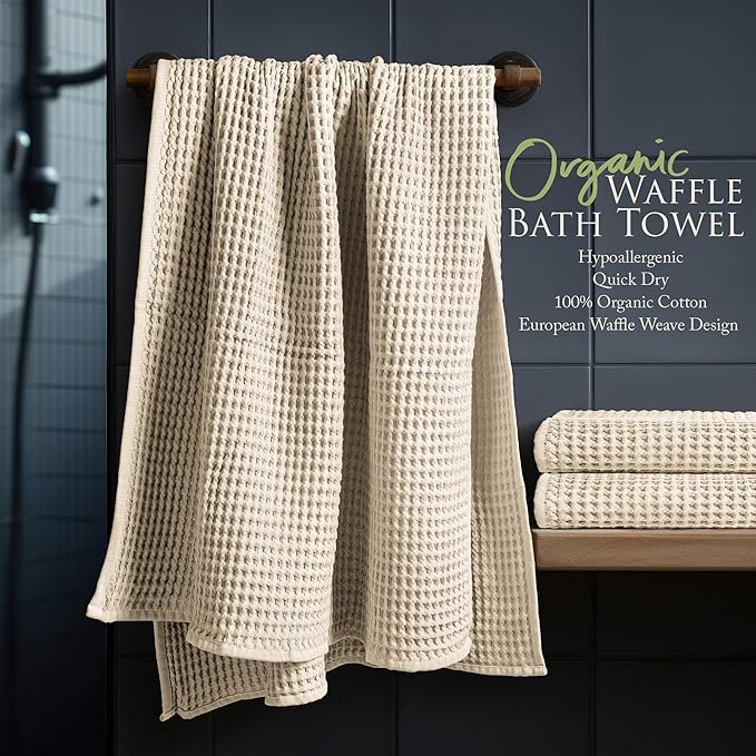 Softerry European Waffle Weave Bath Towel Set - 100% Organic Cotton - Quick Dry Lint Free Thin and Absorbent - Fade Resistant - Eco-Friendly (Set of 8, Natural)