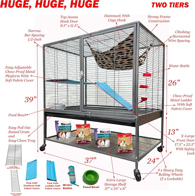 XX-Large 37"x24"x39"H Two Tiers Chew-Proof Large Double Large Front Doors Tight 1/2-inch Wire Spacing for Feisty Ferret Hammock Chinchilla Cat Sugar Glider Home On Wheels