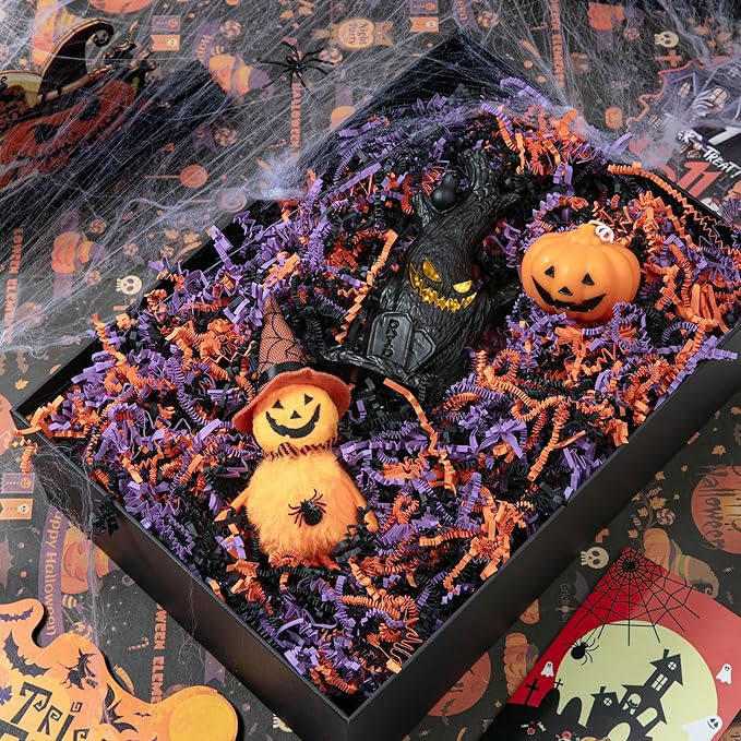 Mefleet 1/2 LB Halloween Crinkle Cut Paper Shred Filler 8 oz Orange & Purple & Black Crinkle Shredded Paper for Boo Basket - Gift Box Bag Filler - Grass Cushion Stuffing for Halloween Wrapping