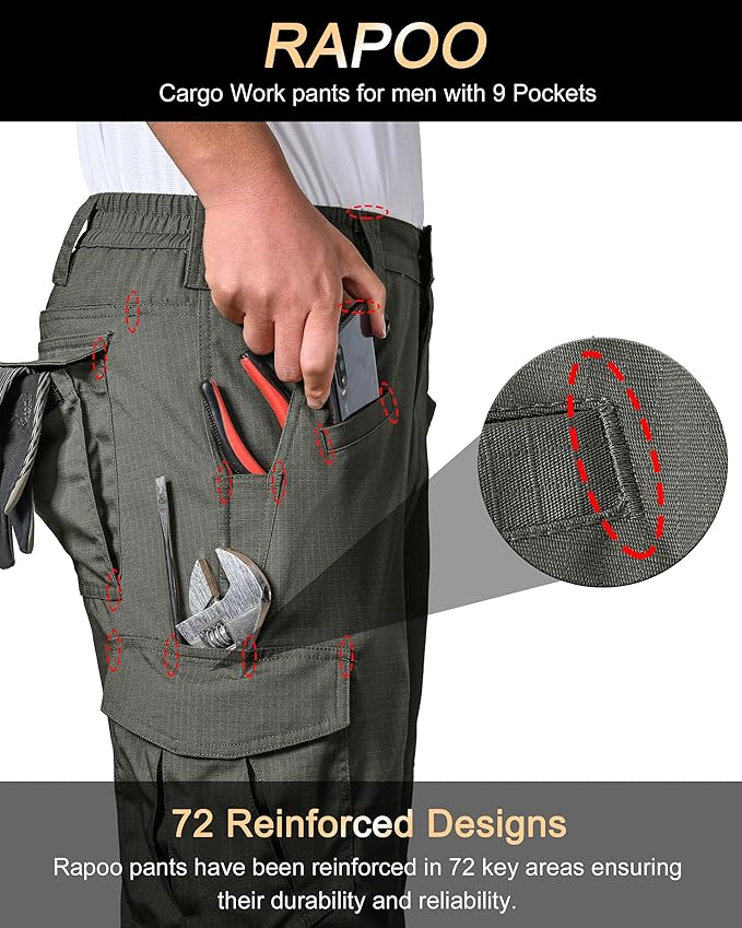 Rapoo Ripstop Water Resistant Cargo Tactical Pants for Men EDC Hiking Work Military Army Pants with 9 Pockets