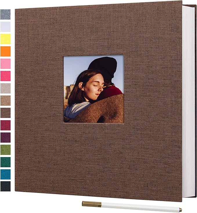 potricher Large Photo Album Self Adhesive 3x5 4x6 5x7 8x10 Pictures Linen Cover 80 Blank Pages Magnetic DIY Scrapbook Album with A Metallic Pen (Brown, 11x10.6 inch 80 Pages)