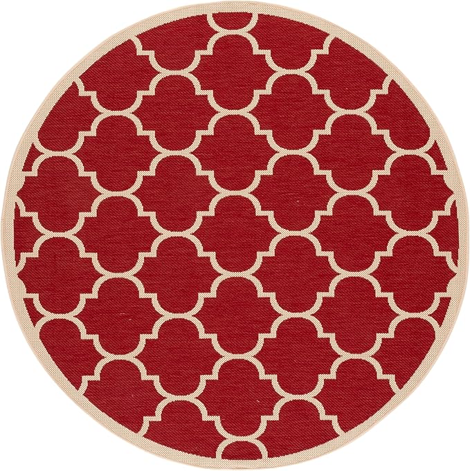 SAFAVIEH Washable Rug Outdoor Courtyard Collection - 5'3" Round, Red & Bone, Non-Shedding & Easy Cleaning, Ideal for Patio, Backyard, Mudroom (CY6914-248)