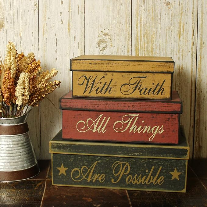 CVHOMEDECO. Primitives Vintage Rectangular Cardboard Nesting Boxes With Faith All Things Are Possible for Photos Memories Keepsakes and Home Decor., Large 12 X 8 X 4 Inch. Set of 3.
