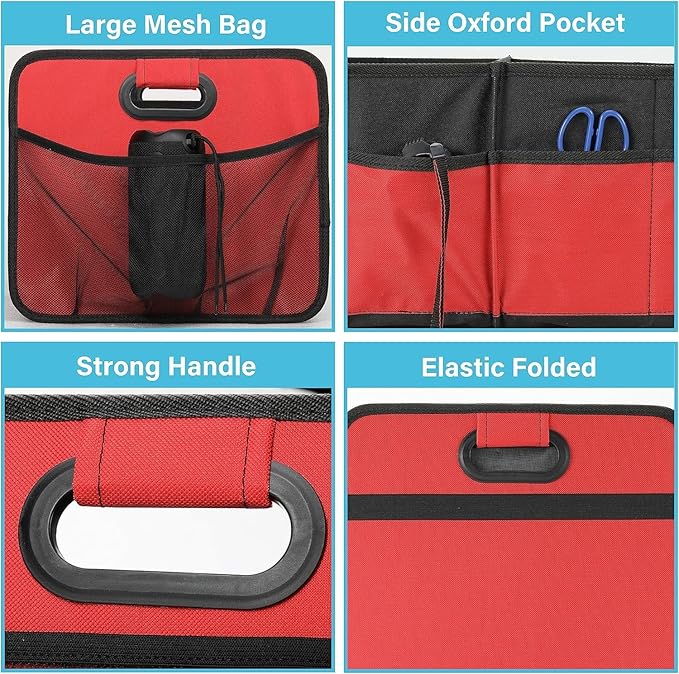 Simple Deluxe Trunk Organizer for Car/SUV/Truck, Collapsible 2 Compartment 50L Automotive Storage Box with 5 Pocket, 600D Waterproof Oxford Polyester, Anti-slip & Leak-proof, Red, 2 Pack